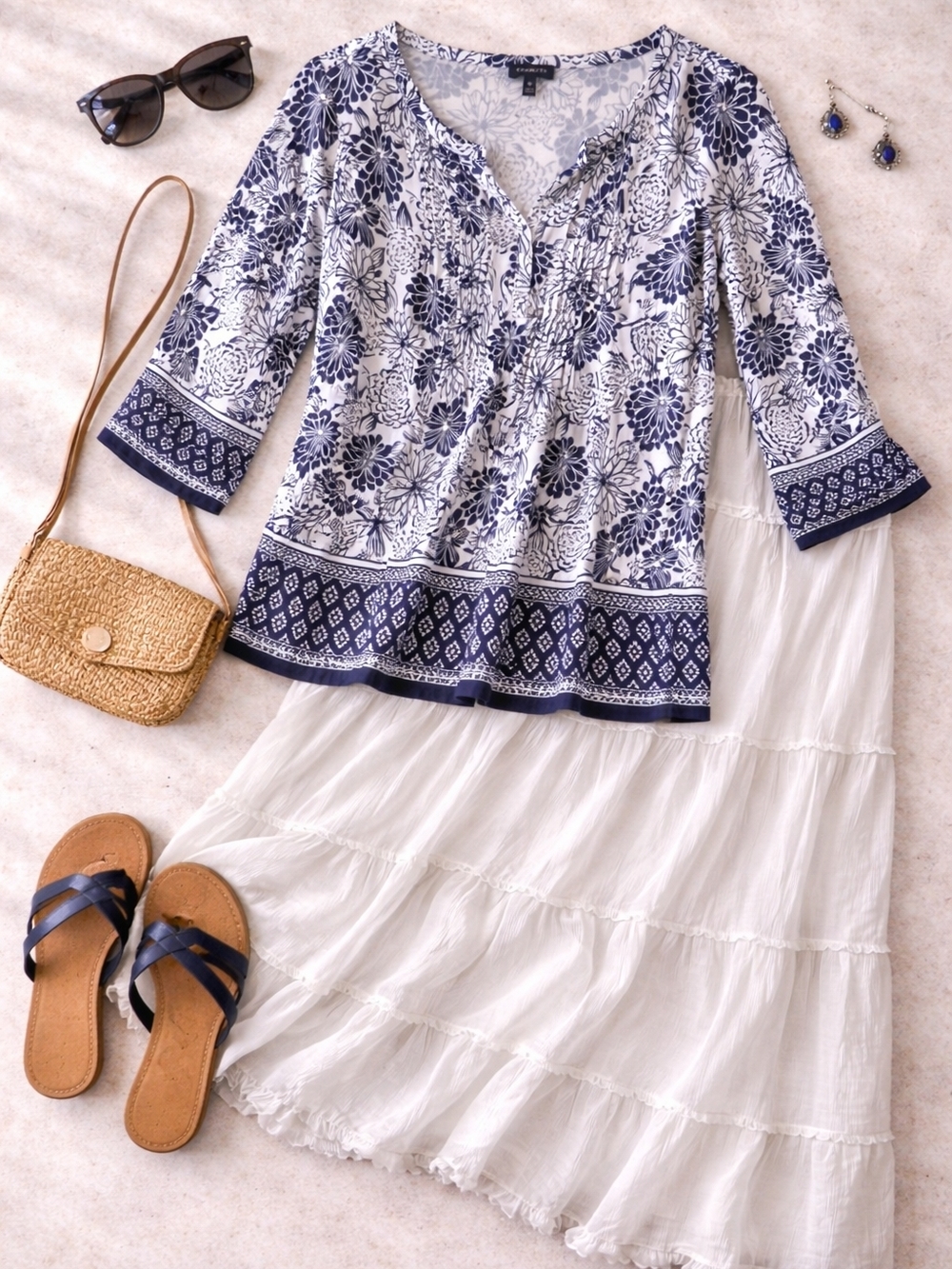 Talbots Blue Floral Blouse + Boho White Skirt Set M/L